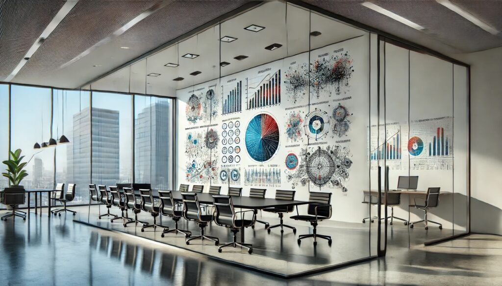  a modern office building with a glass-walled conference room featuring a large whiteboard filled with colorful data visualizations