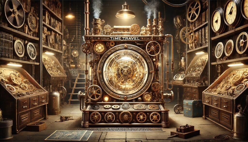 steampunk-style time travel machine set in a richly detailed workshop