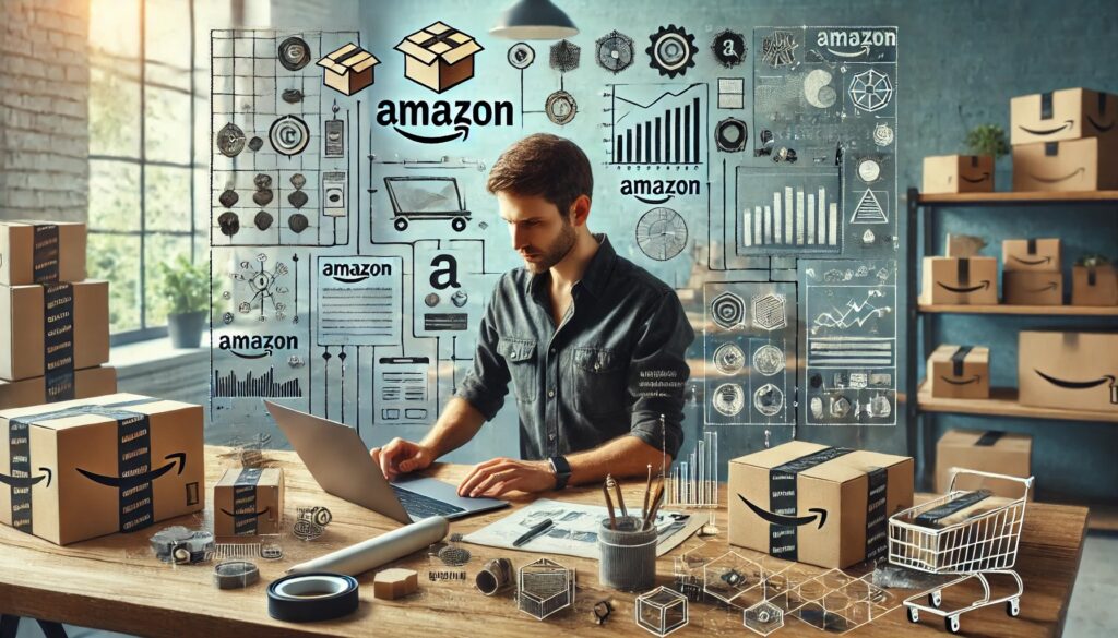  an Amazon expert at a workbench surrounded by various tools, representing e-commerce management