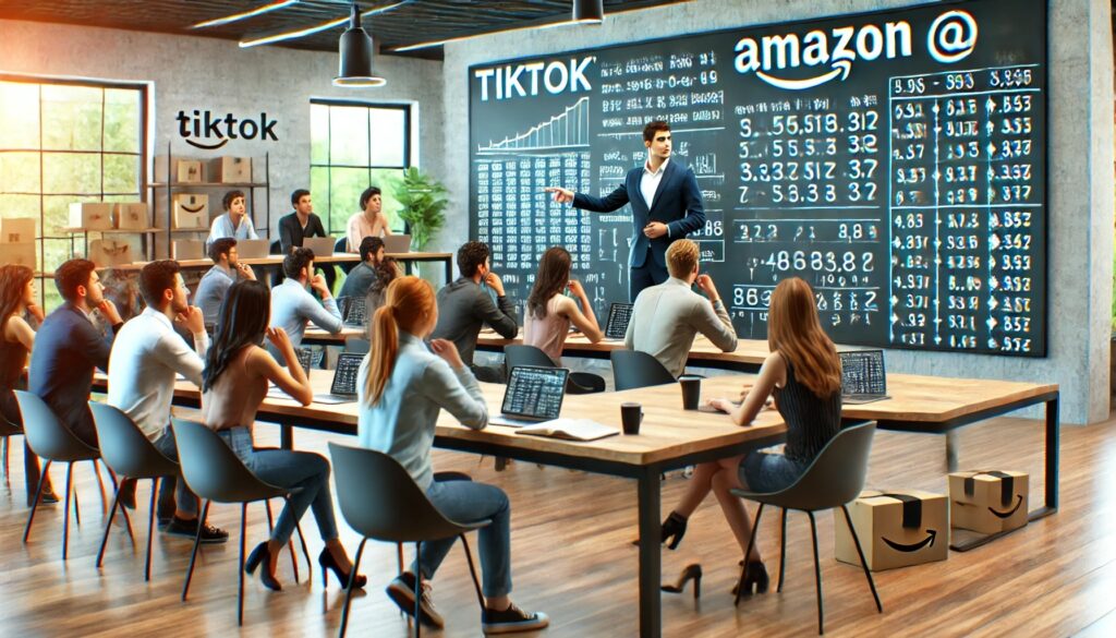 a classroom filled with Amazon sellers, attentively watching a TikTok instructor explaining an algorithm on a whiteboard