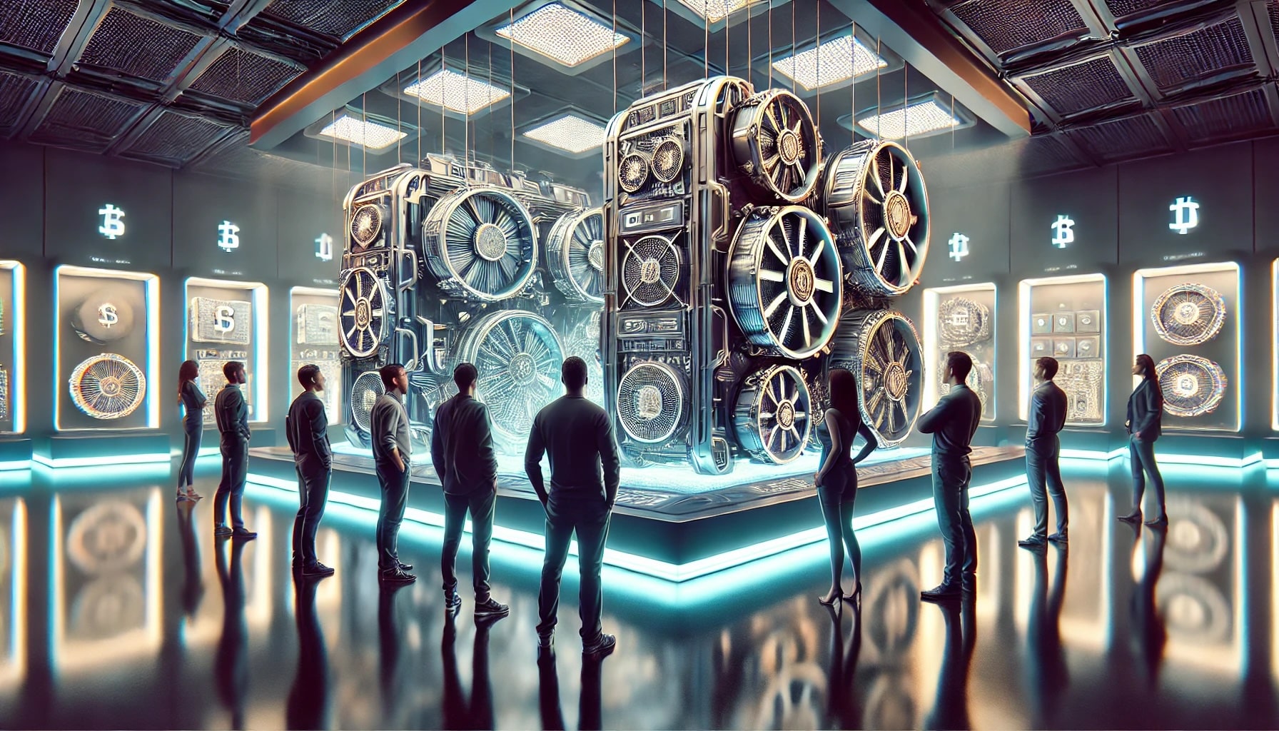 A large modern lab-style room with two massive AI machines being admired by a group of business professionals