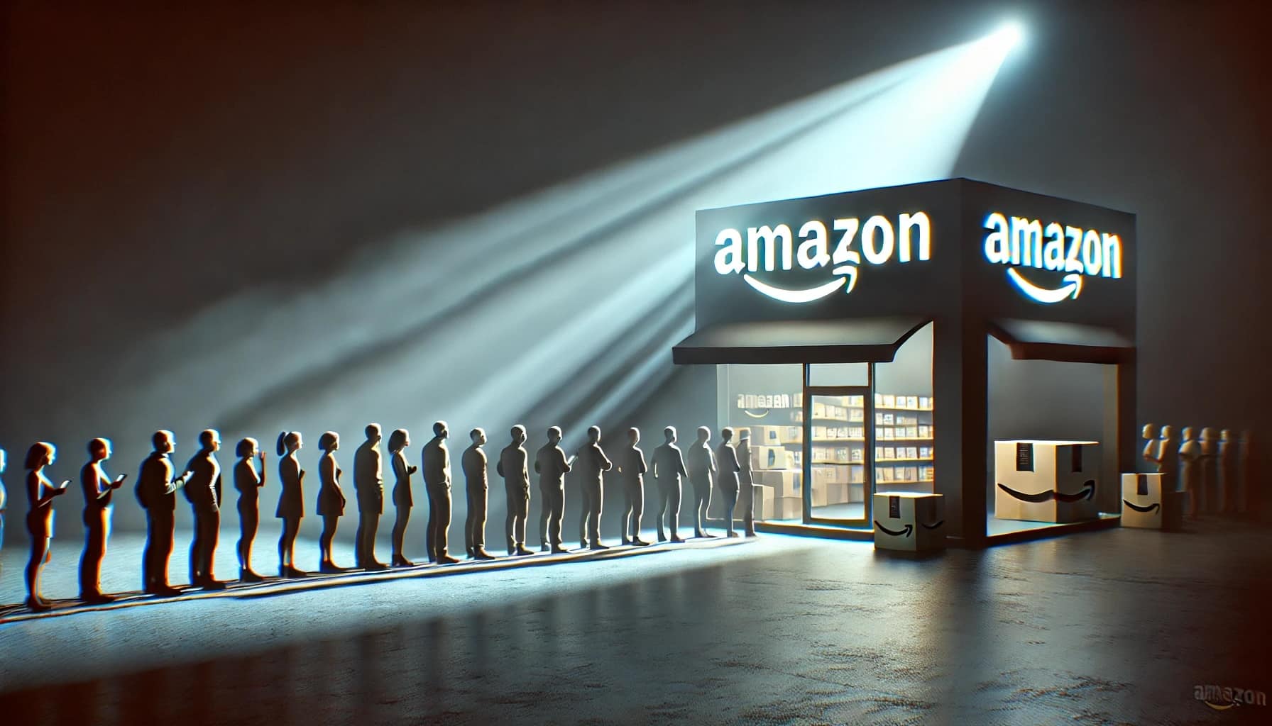 A long line of customers eagerly waiting at the door of the Amazon store in a dark background with a spotlight shining on the store