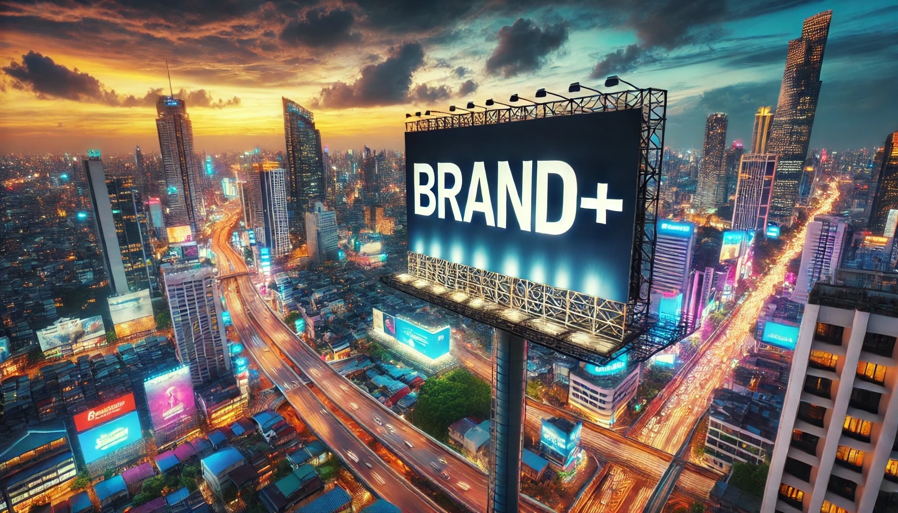 image of the billboard with the word "BRAND" standing high above a vibrant cityscape at dusk