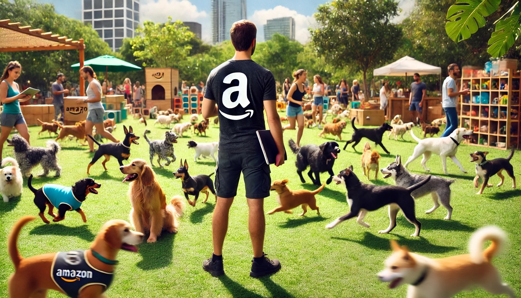 a bustling park full of dogs running in all directions, with an Amazon seller standing off to the side observing