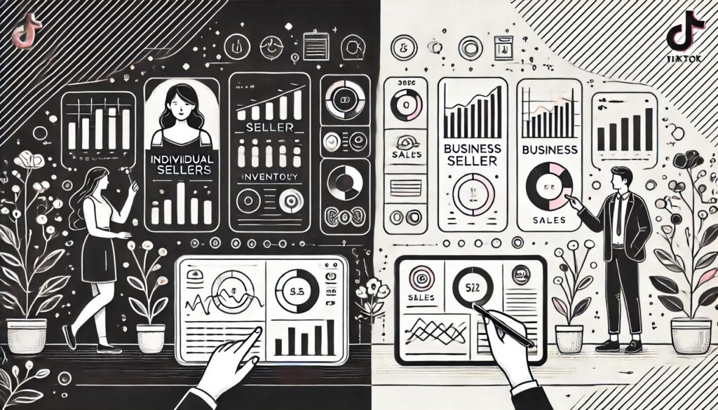 An illustration with on one side a white aspect business TikTok shop and on the other side, a black aspect individual sellers account