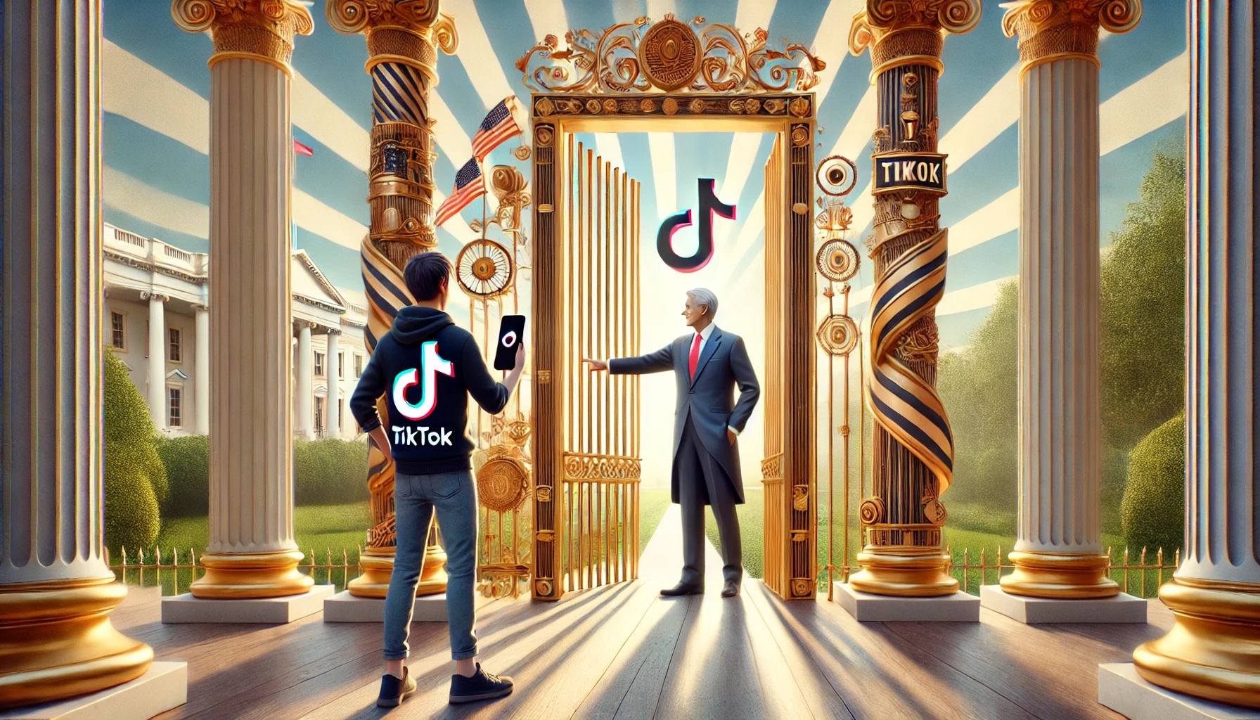 a landscape mode image of a presidential figure opening a gate for a tik tik entrepreneur