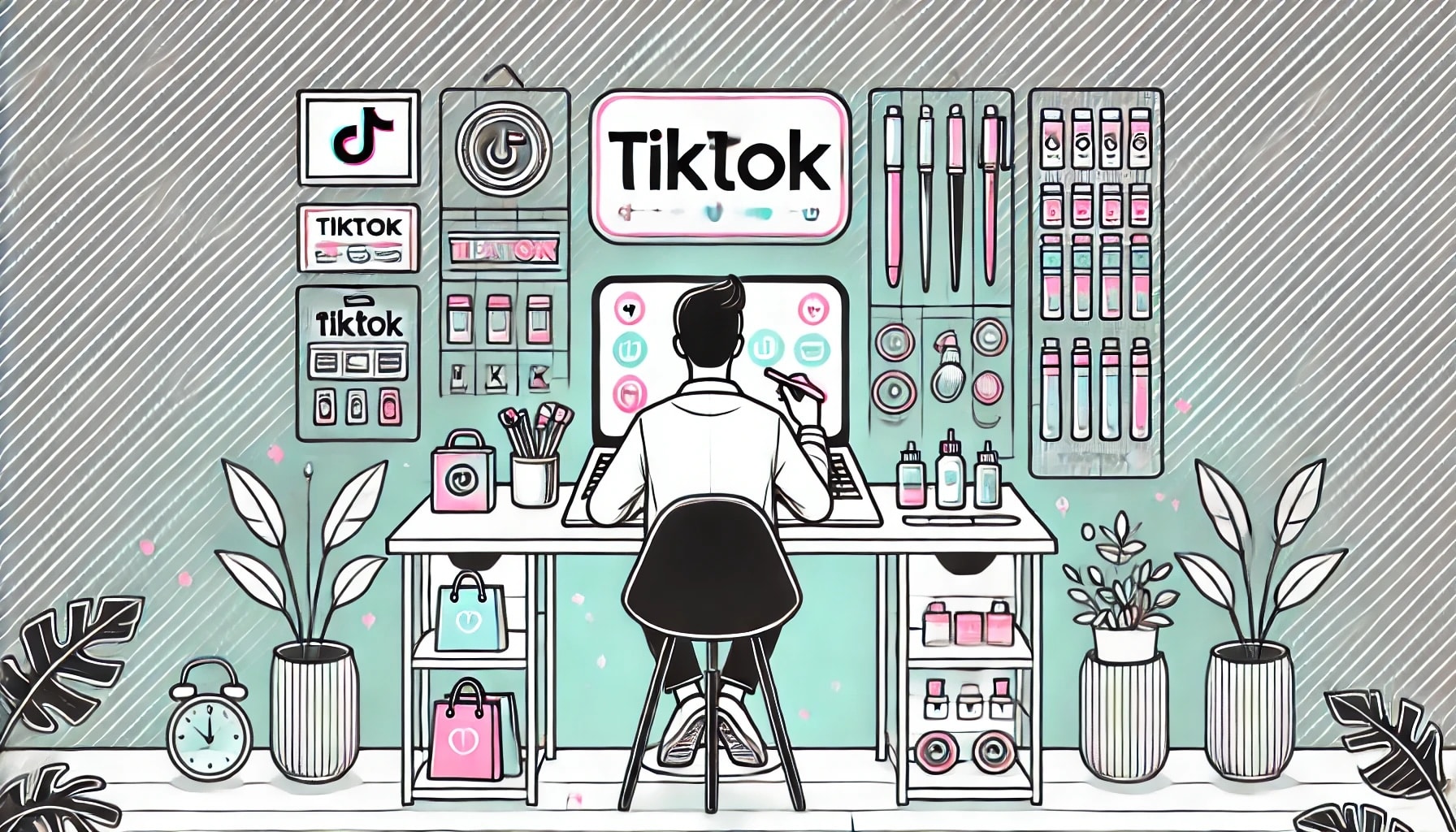 An illustration of an ecommerce seller sitting at a desk getting started with applying to sell on TikTok