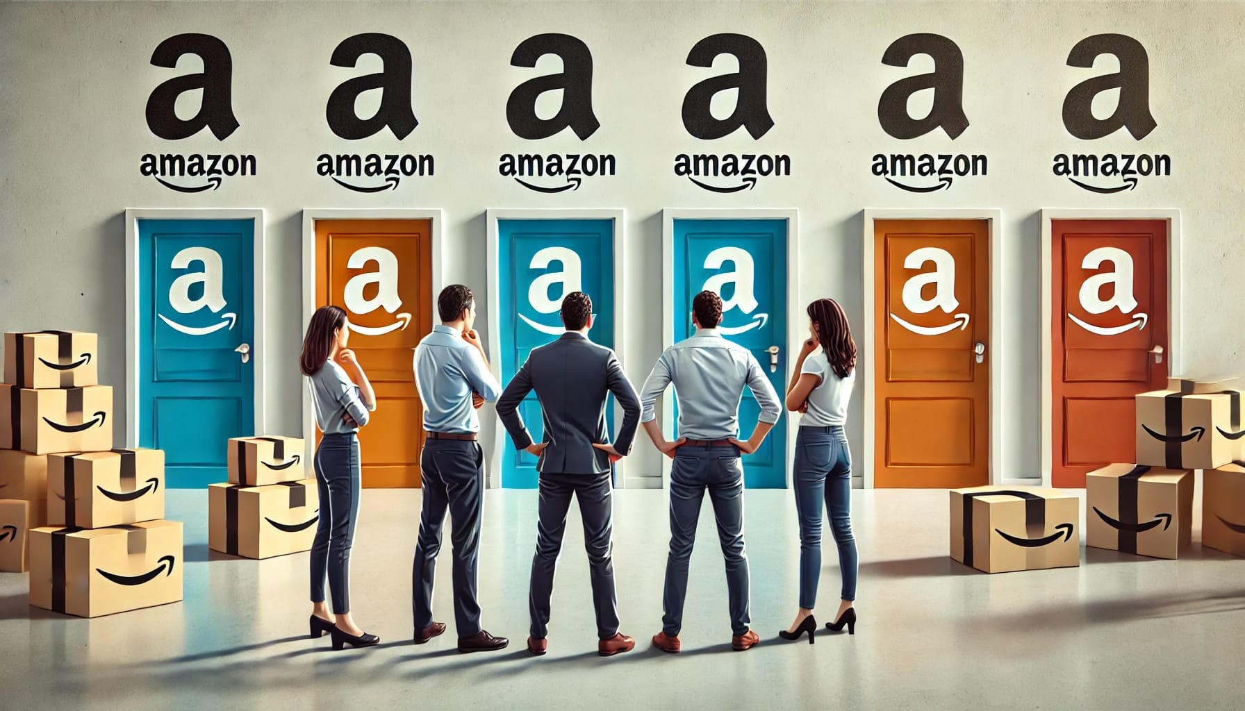 Amazon sellers looking at six different doors, each representing a different business decision