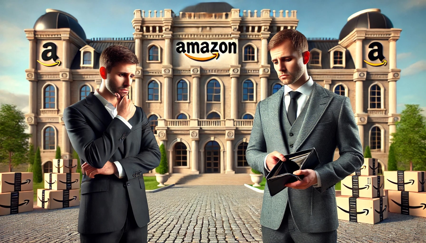 two professional-looking Amazon sellers with their front pockets turned inside out, signifying they have no money, standing in front of a grand, palace-like Amazon warehouse