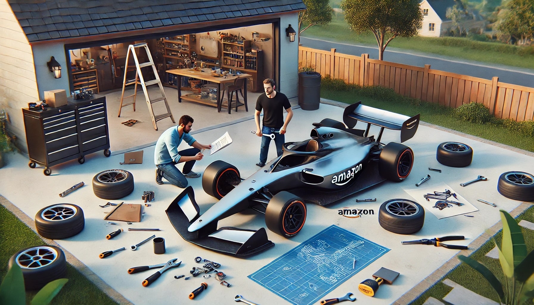 Two entrepreneurs working on an Amazon-branded race car in a driveway, with tools scattered around their feet