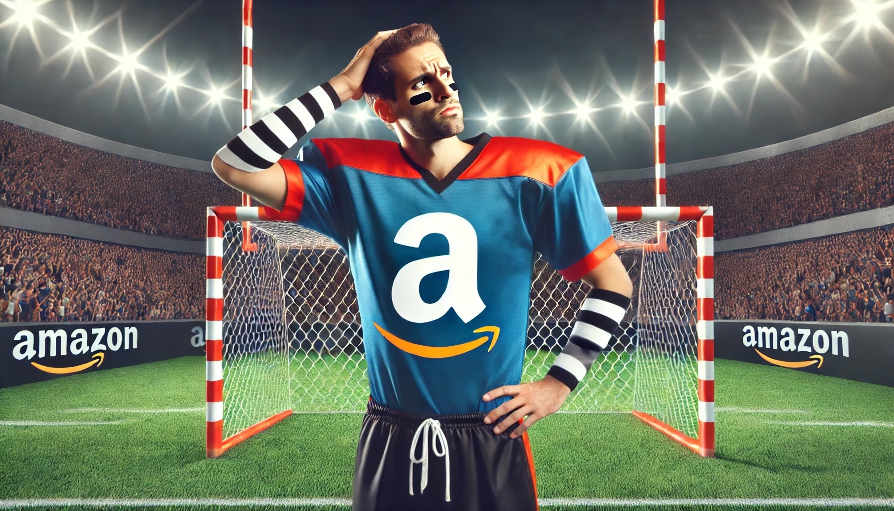 a single Amazon-themed football kicker in uniform scratching his head in front of the goalposts in a packed stadium