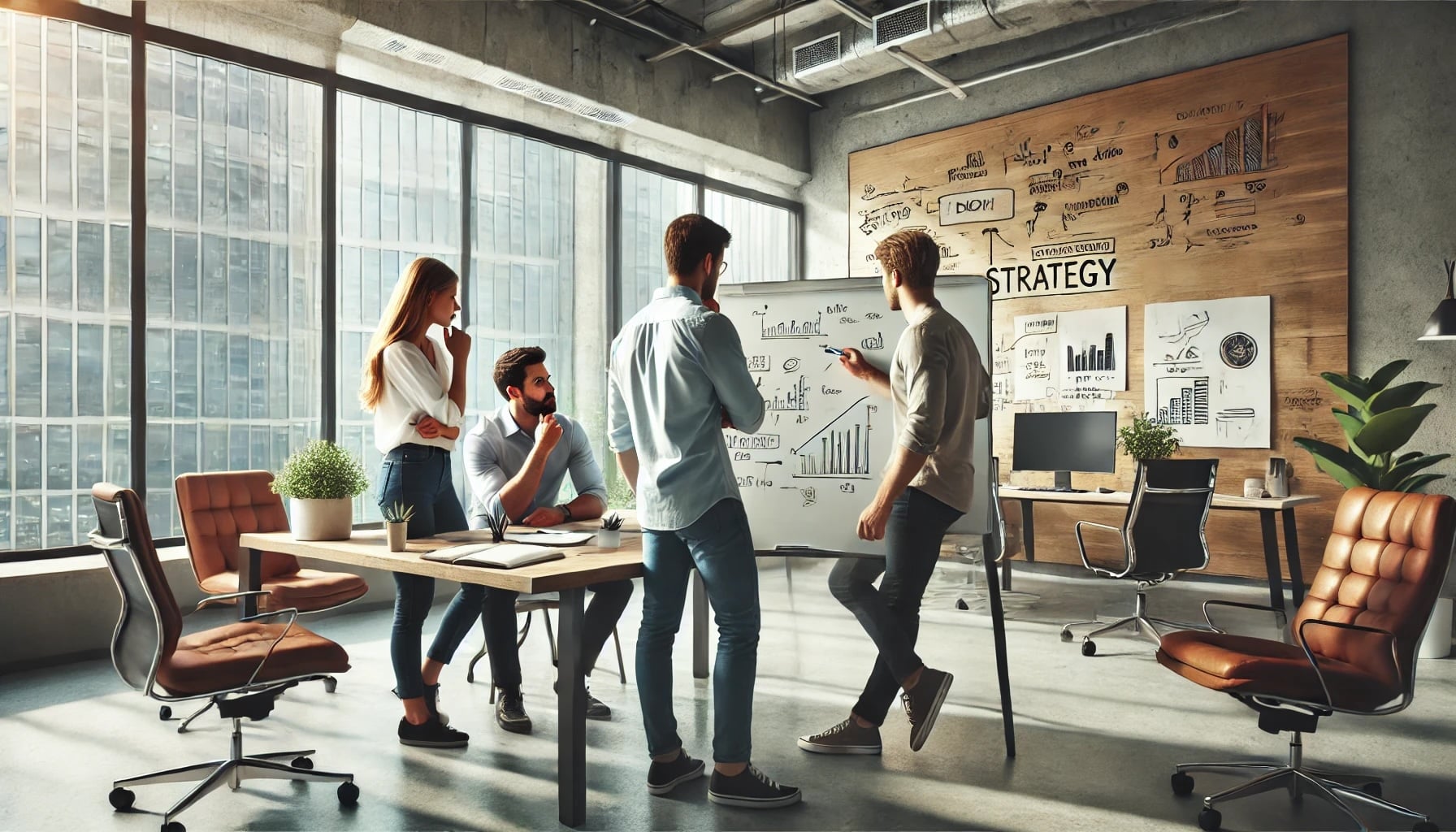 a modern office with three casually dressed entrepreneurs collaborating on a strategy at a whiteboard.