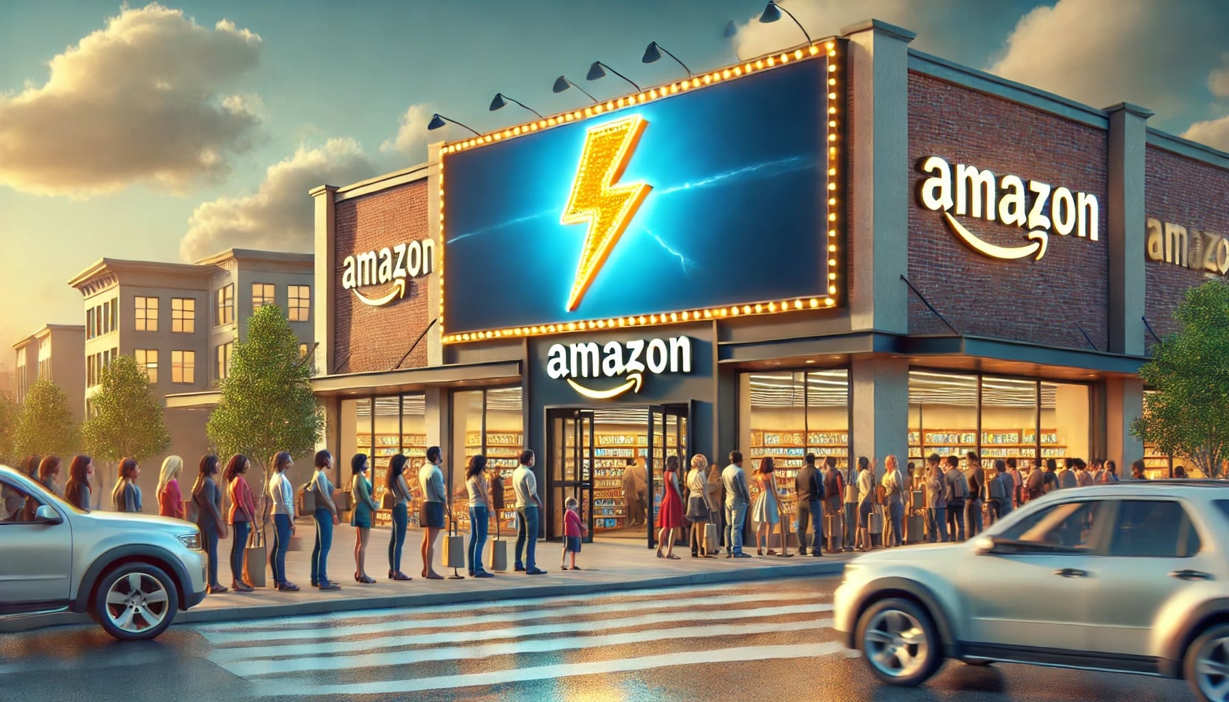 a bright and inviting Amazon store with a long line of happy customers at the entrance and a large billboard with a glowing lightning bolt above the door.