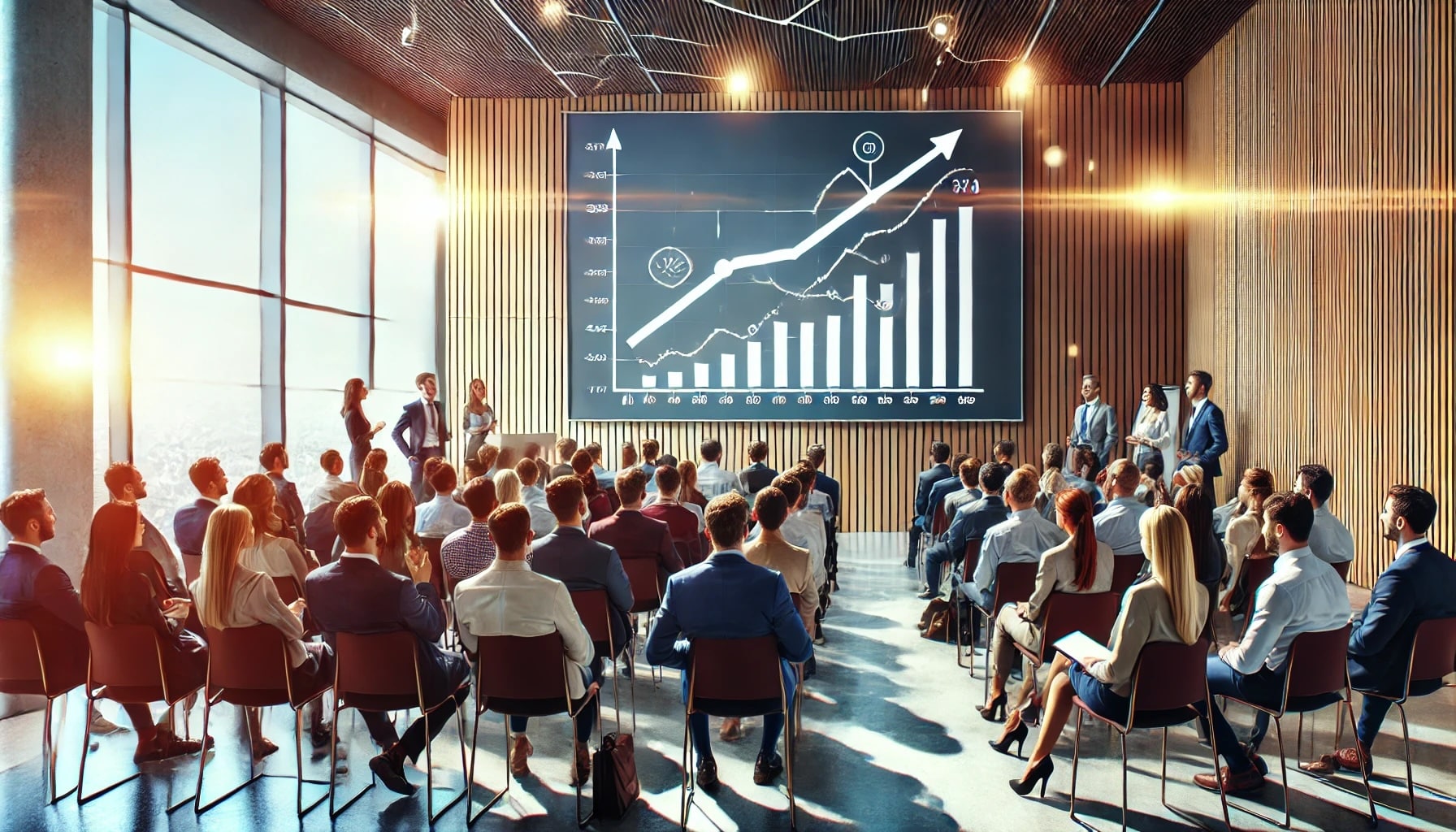 a large whiteboard in front of an audience of entrepreneurs, displaying a steadily increasing sales graph in a modern conference room