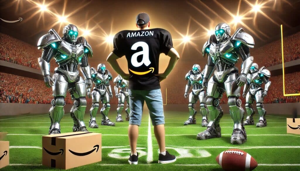 An Amazon seller in a football uniform, standing on the field while facing a team of powerful, futuristic robot football players