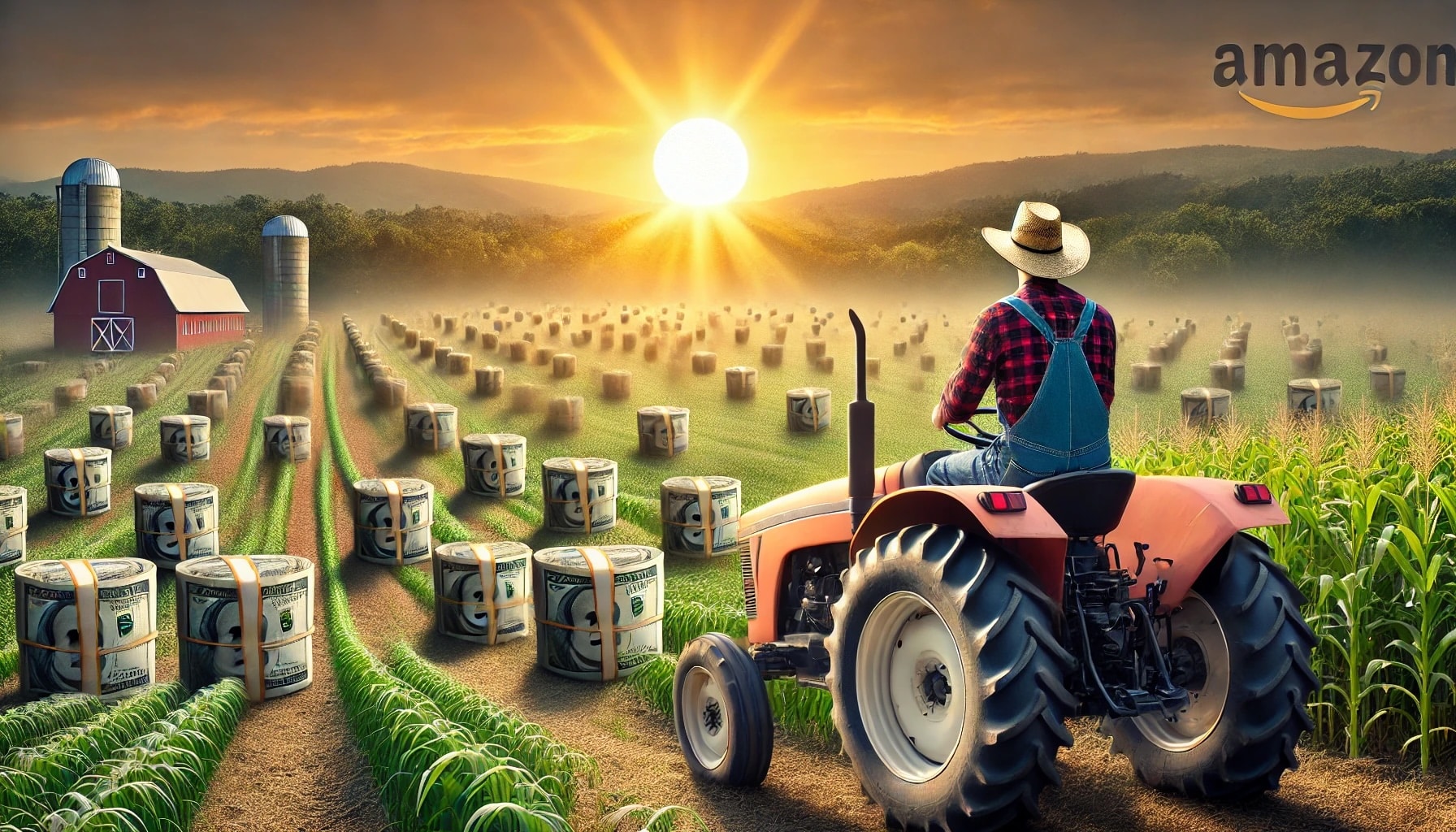 a beautiful farm landscape with an Amazon-branded farmer driving a tractor through fields of money bales at sunrise