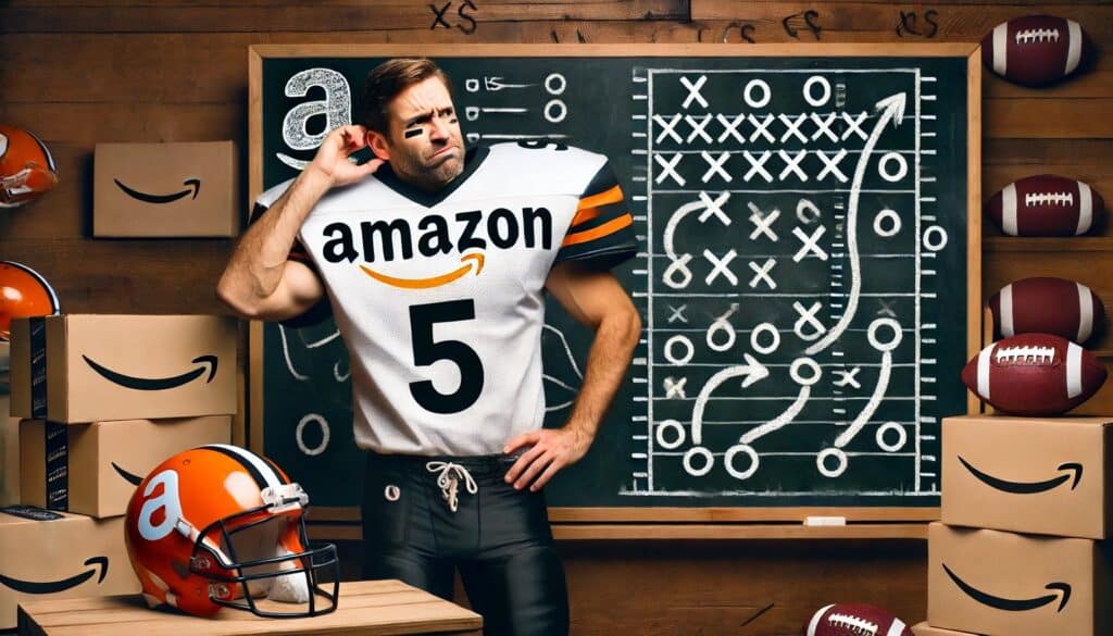 An Amazon seller in a football uniform, standing in front of a chalkboard filled with strategy diagrams, scratching his head as he tries to make sense of the game plan