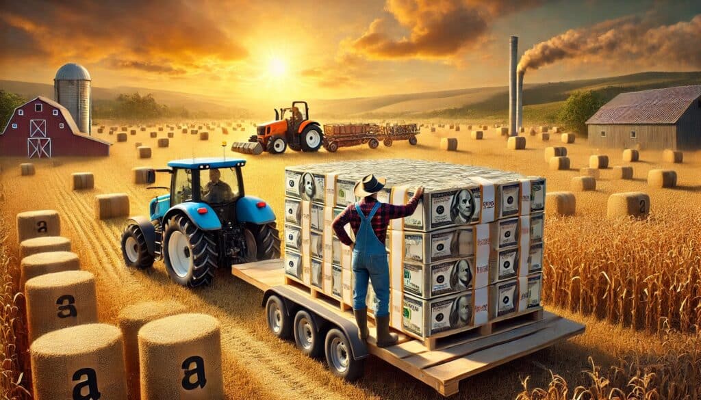 An Amazon-branded farmer loading bales of money onto a trailer in a beautiful farm landscape at sunrise.