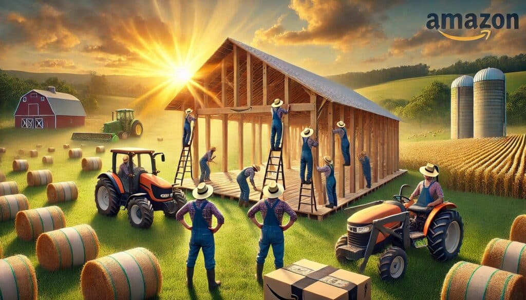 Amazon-branded farmers working together to lift the wooden framework of a new barn in a farm landscape at sunrise, with money bales in the background.