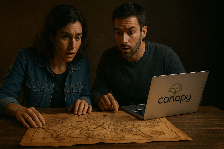 two ecommerce brand entrepreneurs looking at a mysterious map