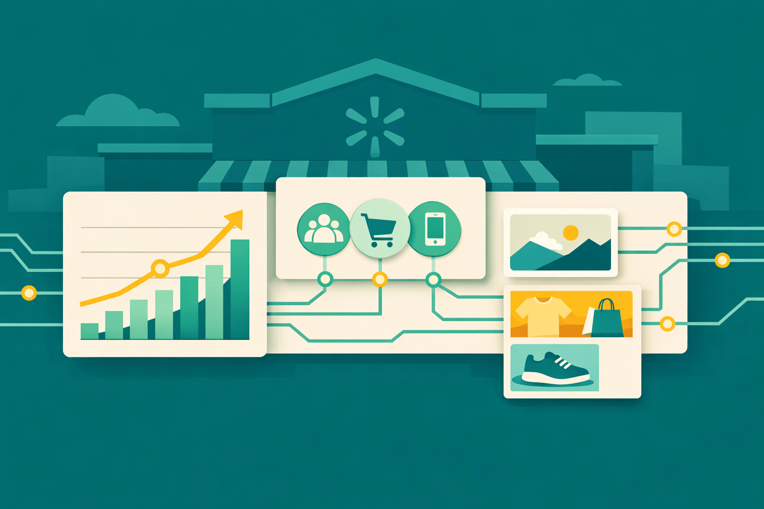 Illustrated digital advertising dashboard with AI-powered performance metrics overlaid on a retail storefront, representing Walmart Connect campaign optimization