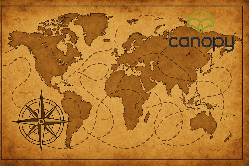 a large flat view of the world as a map with dotted lines signifying the routes of explorers. The map feels like a treasure map.