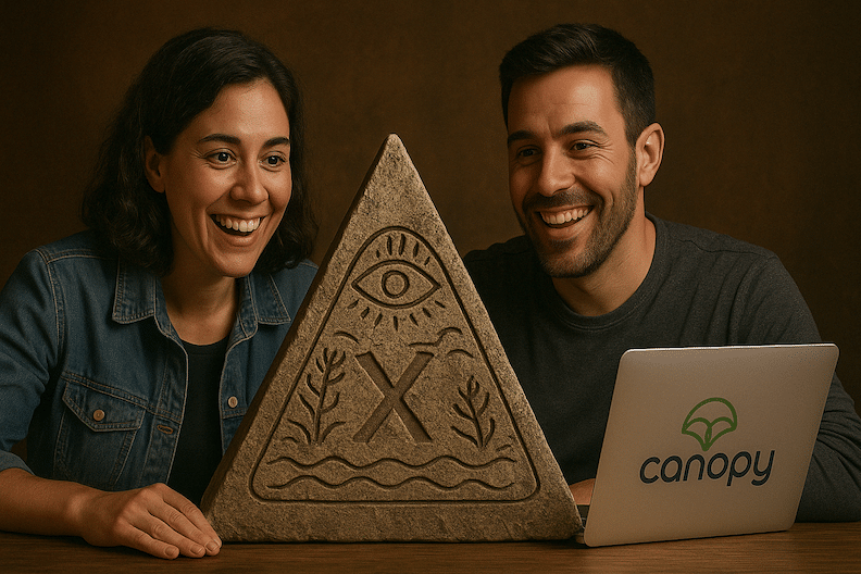 two ecommerce brand entrepreneurs smiling at a large triangular rock with mysterious carvings
