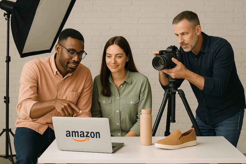 two amazon sellers working with a professional protographer to create product images