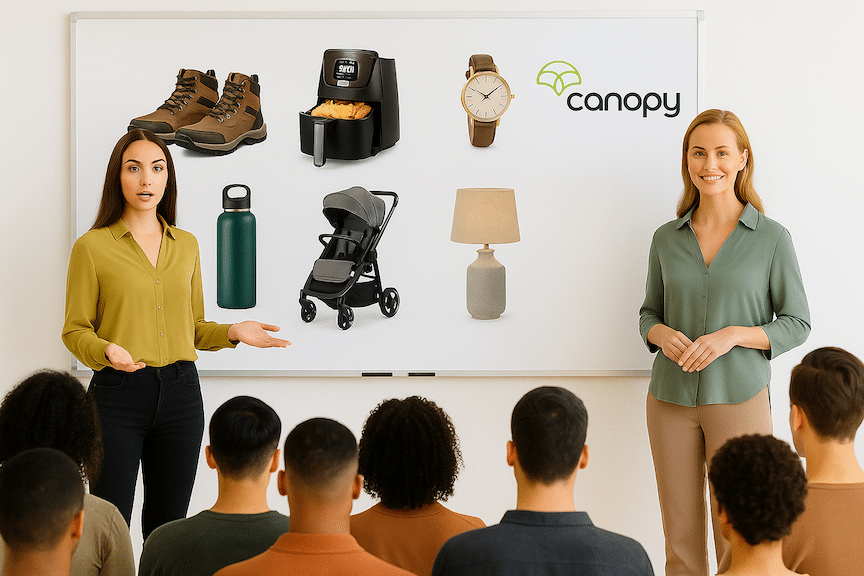 a landscape mode image of two female amazon sellers presenting ecommerce product strategy from a checklist on a whiteboard to a conference of ecommerce sellers
