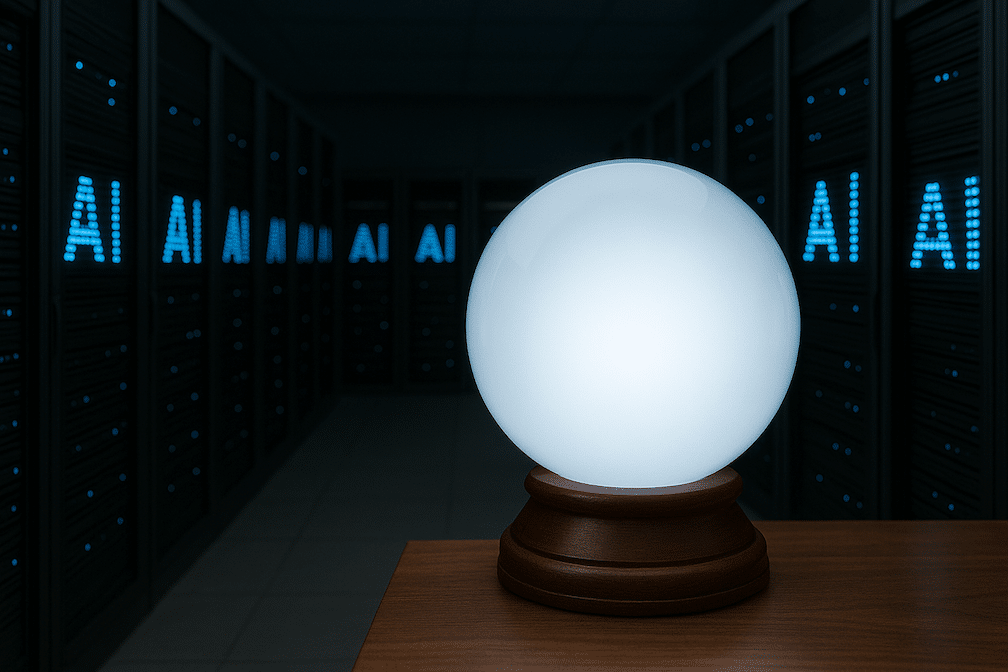 A dark room full of servers with a white crystal ball on a dark wooden table signifying the future