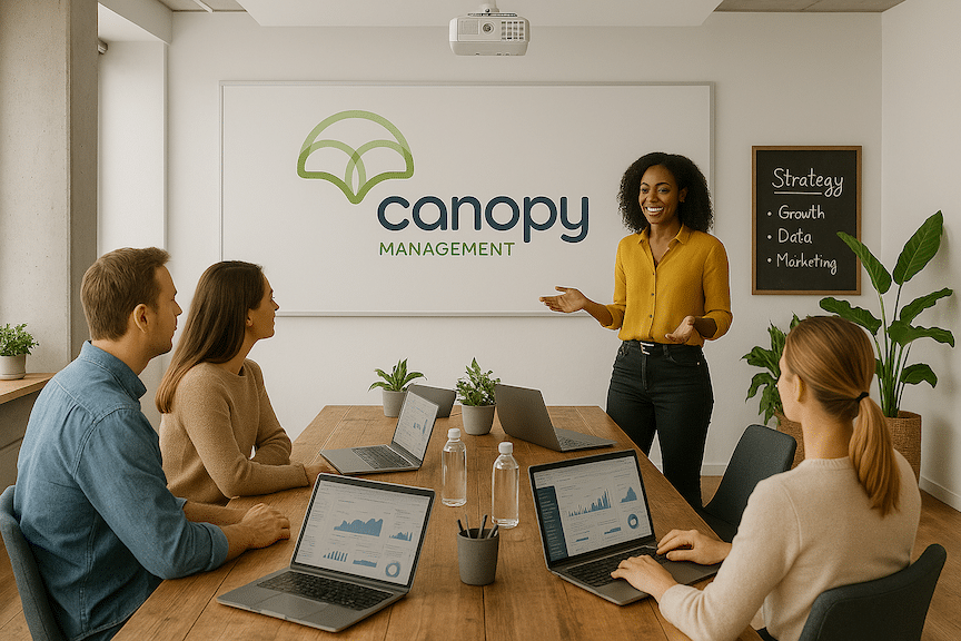 A landscape mode image of an ecommerce conference with a group of people looking at a presentation by a young black woman on a whiteboard with a Canopy Management logo on the wall behind her