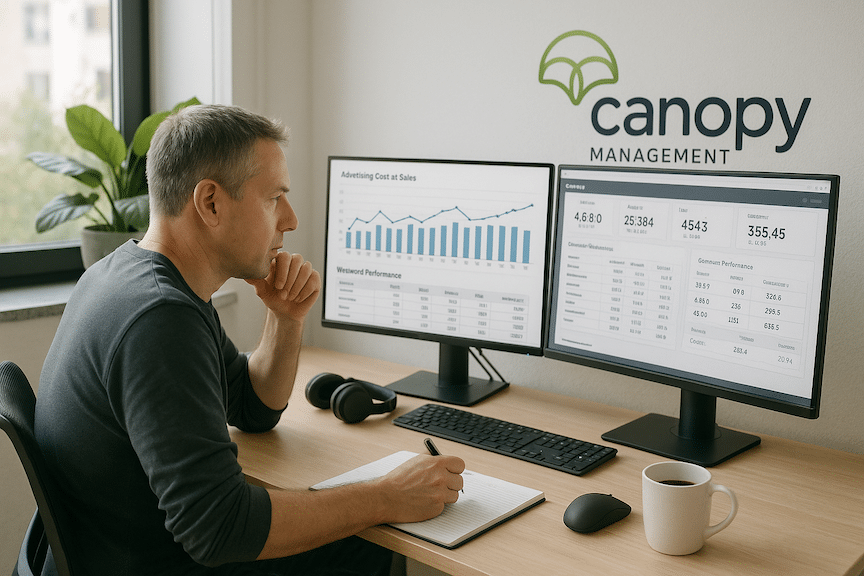 a landscape mode image of a modern workspace where a focused e-commerce seller is reviewing Amazon or Walmart DSP data on a dual-monitor setup. Screens display ACoS charts, keyword performance tables, or campaign metrics. The seller is taking notes and analyzing results