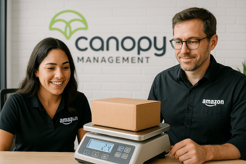 two Amazon brand entrepreneurs in a modern office looking at a scale that is weighing a package