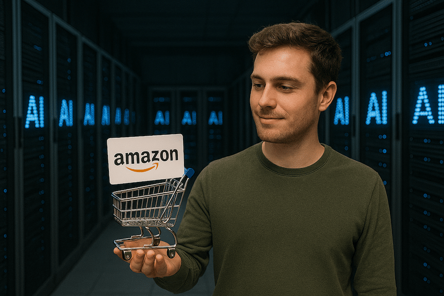 a landscape mode image of a large room of computers and an ecommerce shopper holding a shopping cart with the logo of Amazon on it