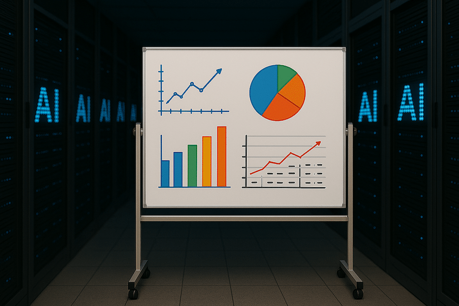 A dark room full of servers with a white board with data and charts on it