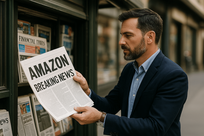 a landscape mode image of an ecommerce brand entrepreneur picking up a newspaper from an old fashioned newstand. The Newspaper has a headline that says, "Amazon, Breaking News!"