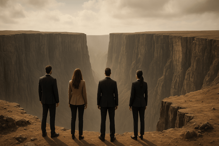 a group of entrepreneurs looking across a large chasm