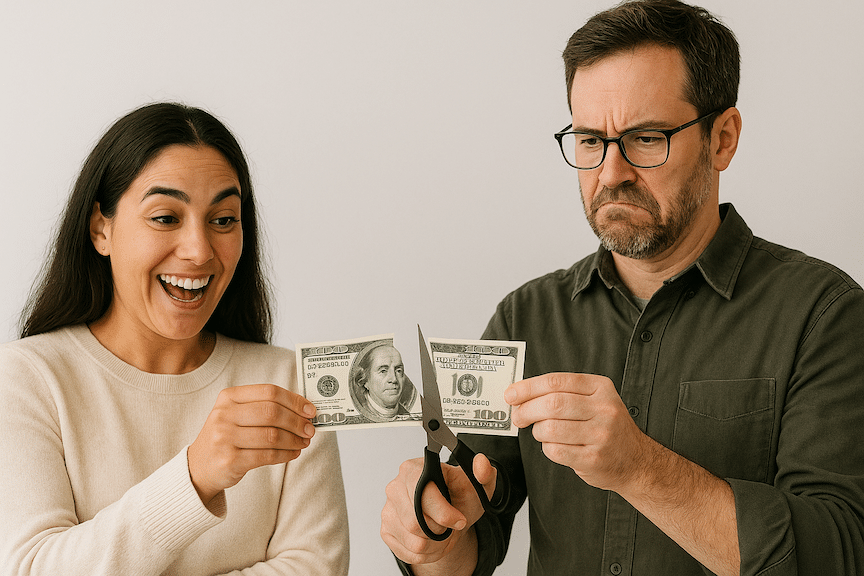 Two Amazon brand entrepreneurs cutting a hundred dollar bill in half