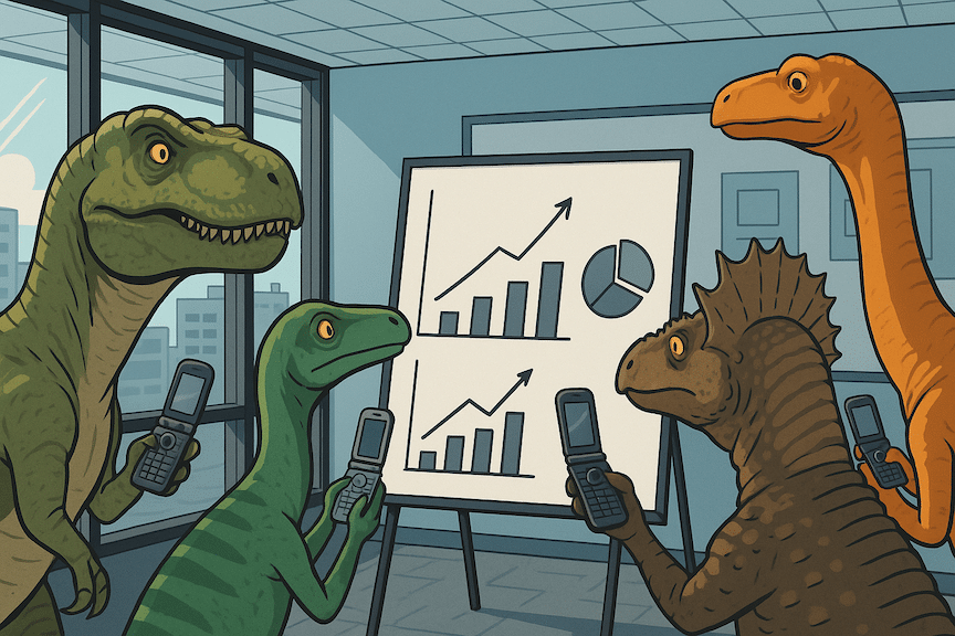 a landscape mode graphic image of dinosaurs holding flip phones looking at a whiteboard in a modern office building