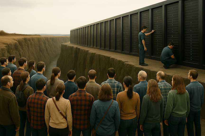 a landscape mode image of a large chasm with a massive computer server farm on one side and a crowd of ecommerce sellers looking longingly across the divide at the servers