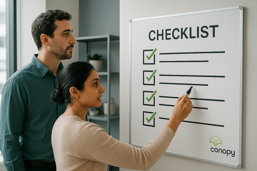 Two ecommerce sellers looking at a whiteboard with a checklist on it. There's a small Canopy Management Logo on the whiteboard