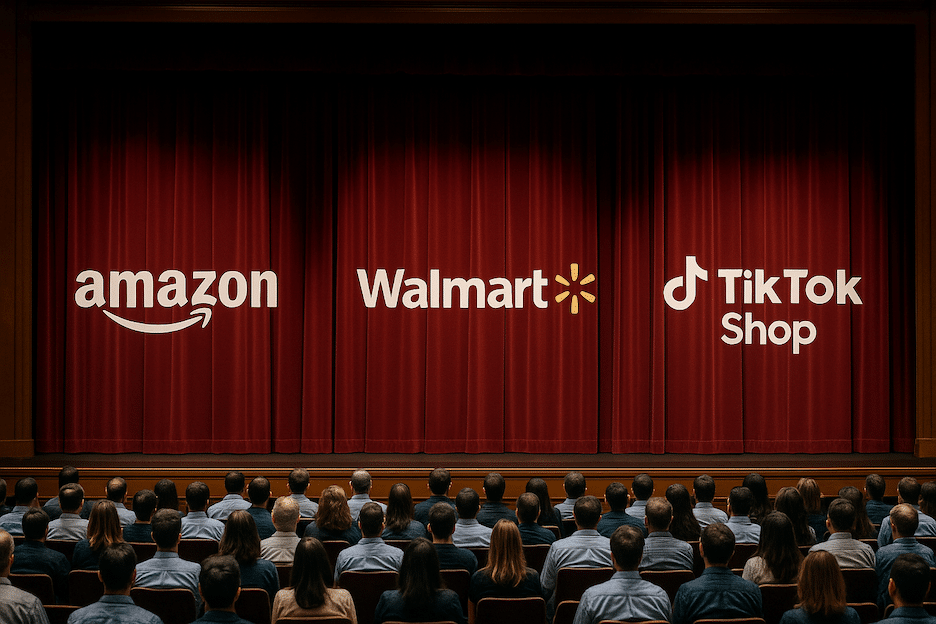 An audience of ecommerce sellers in an auditorium looking at a stage with three curtains. They're titled, Amazon, Walmart, and TikTok Shop
