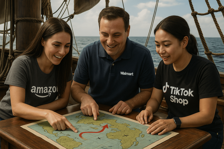 a landscape mode image of an amazon, a walmart, and a tiktok shop seller all looking at a chart table on a sailing ship on the ocean