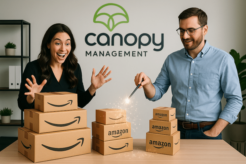 Two Amazon brand entrepreneurs waving a magic wand at a pile of Amazon packages signifying packaging optimization