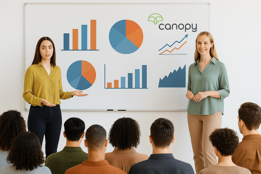 a landscape mode image of two female amazon sellers presenting strategy from a checklist on a whiteboard to a conference of ecommerce sellers