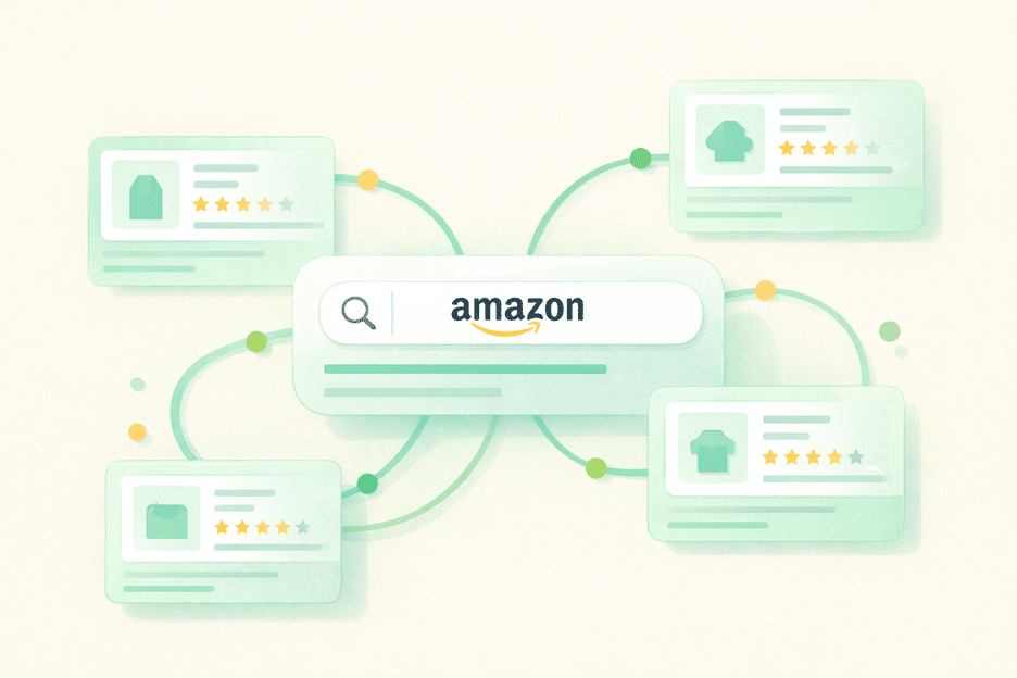 Amazon search interface connecting to product listing cards through AI signal pathways representing contextual ranking systems.