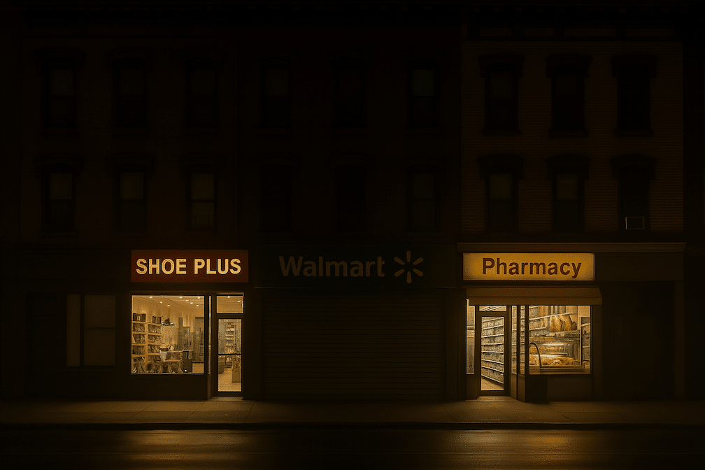 a landscape mode image of a street with a number of well lit stores and i the middle of them, a Walmart store is dark with no lights on