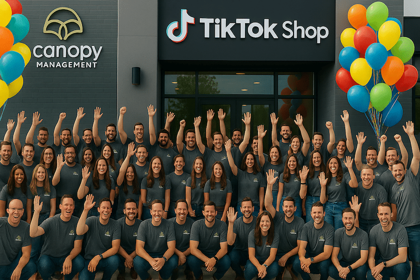 a landscape mode image 40 or 50 canopy management employees in front of a TikTok Shop grand opening