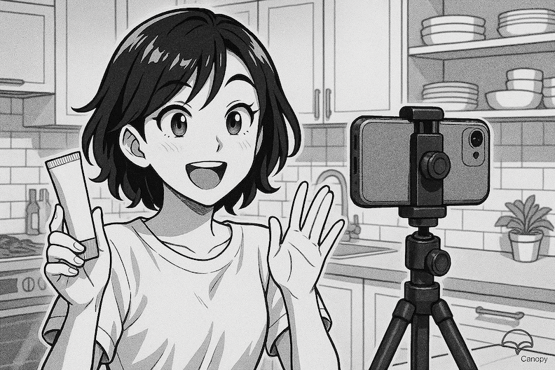 a landscape mode comic book style, japanese manga influenced image of a tiktok influencer in front of their iphone on a stand creating content