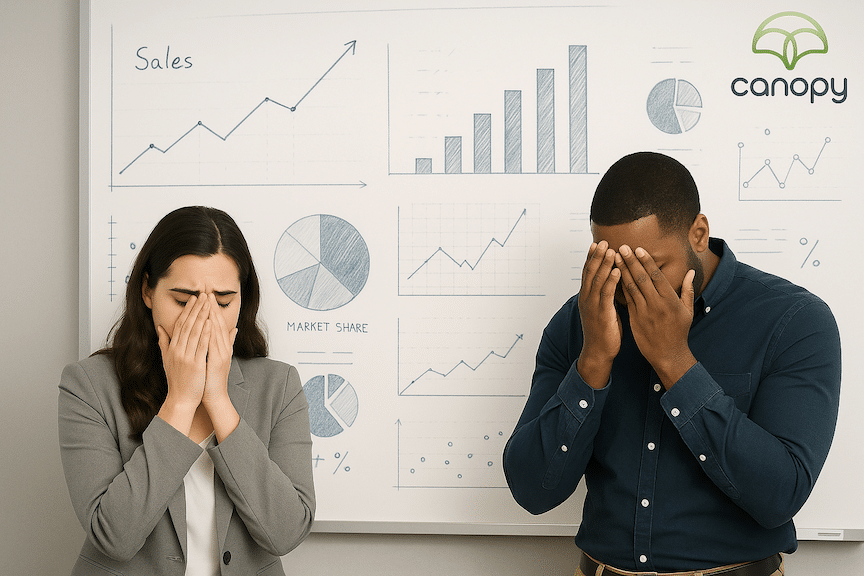 Two ecommerce sellers looking at a whiteboard full of data with their heads in their hands showing frustration and dismay